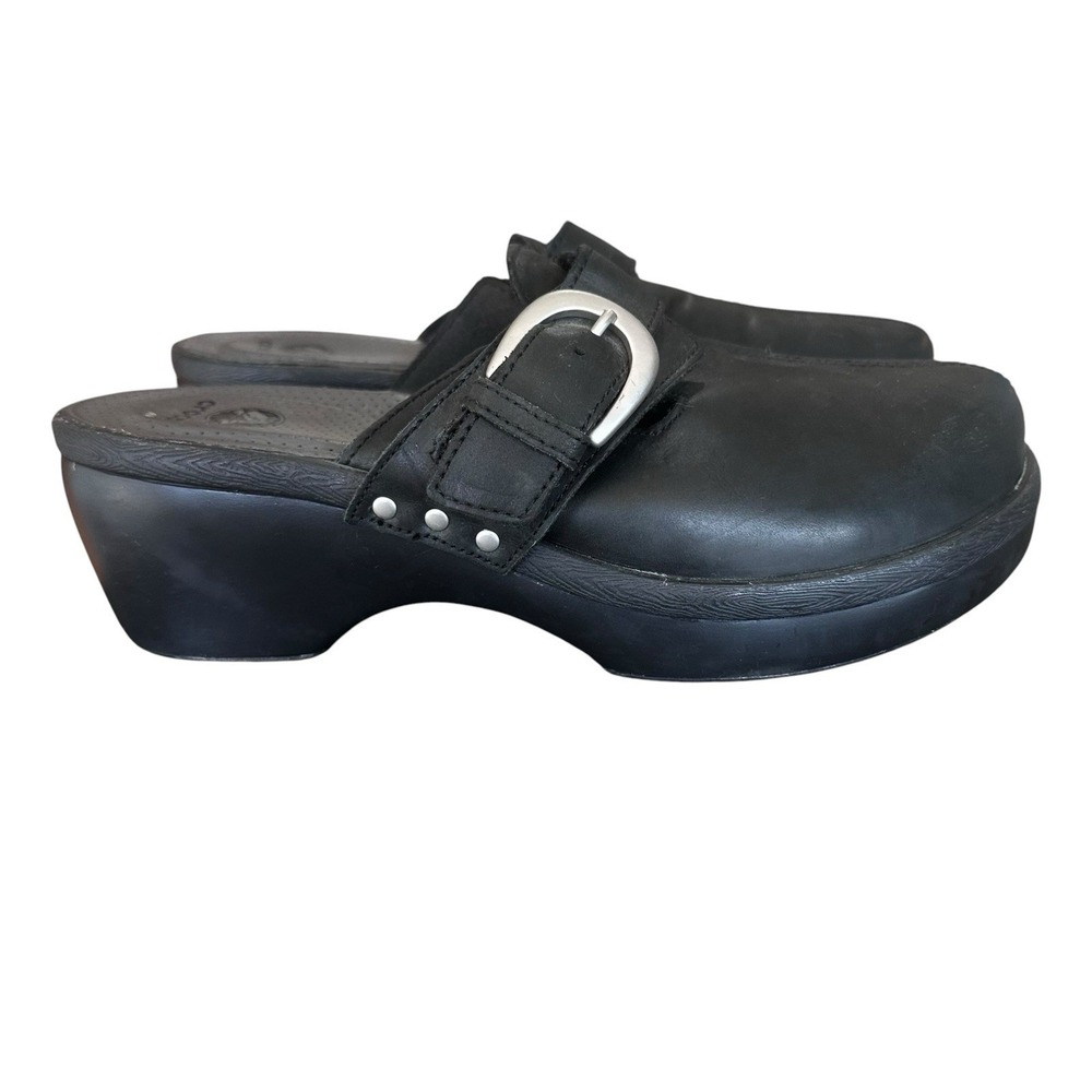 Crocs Cobbler Buckle Clog Shoes Women Size 10 Black Leather Wedge Slip On